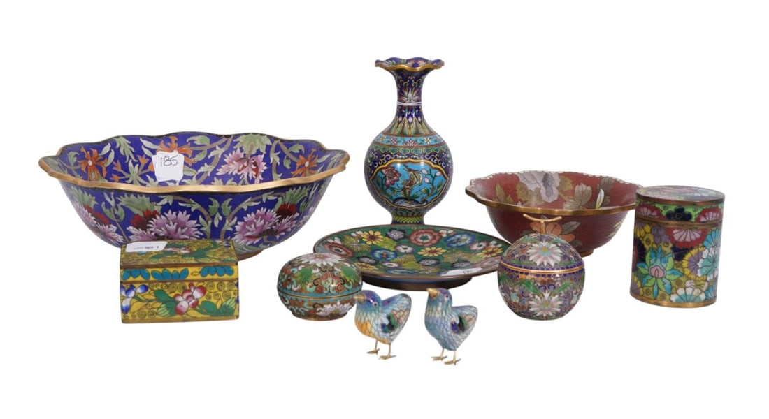 Lot of 19th/20th c. Cloisonne, incl; Vase (6 1/4"h), Boxes, Bowls & Tableware's With 2 Champleve (1 of 16)