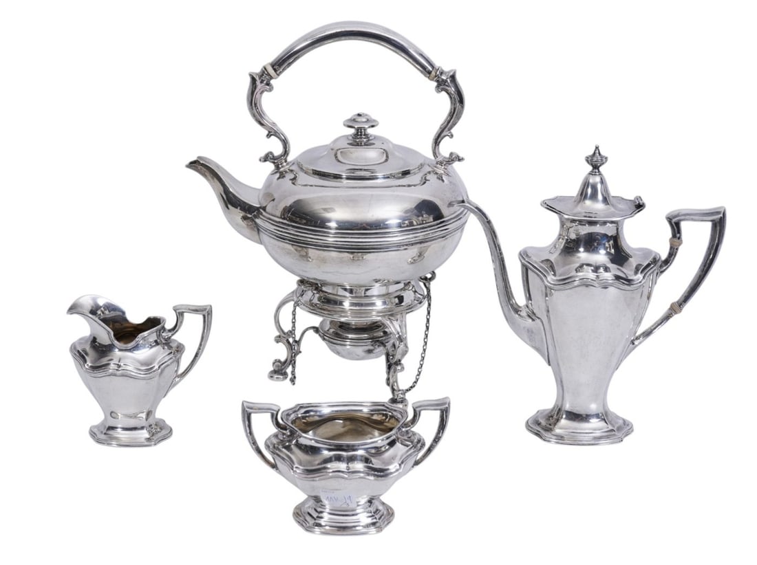 American 4 piece Sterling Tea Service, Water Kettle (13"h x 10"w) Teapot, Creamer & Sugar, 90 ozt (1 of 18)