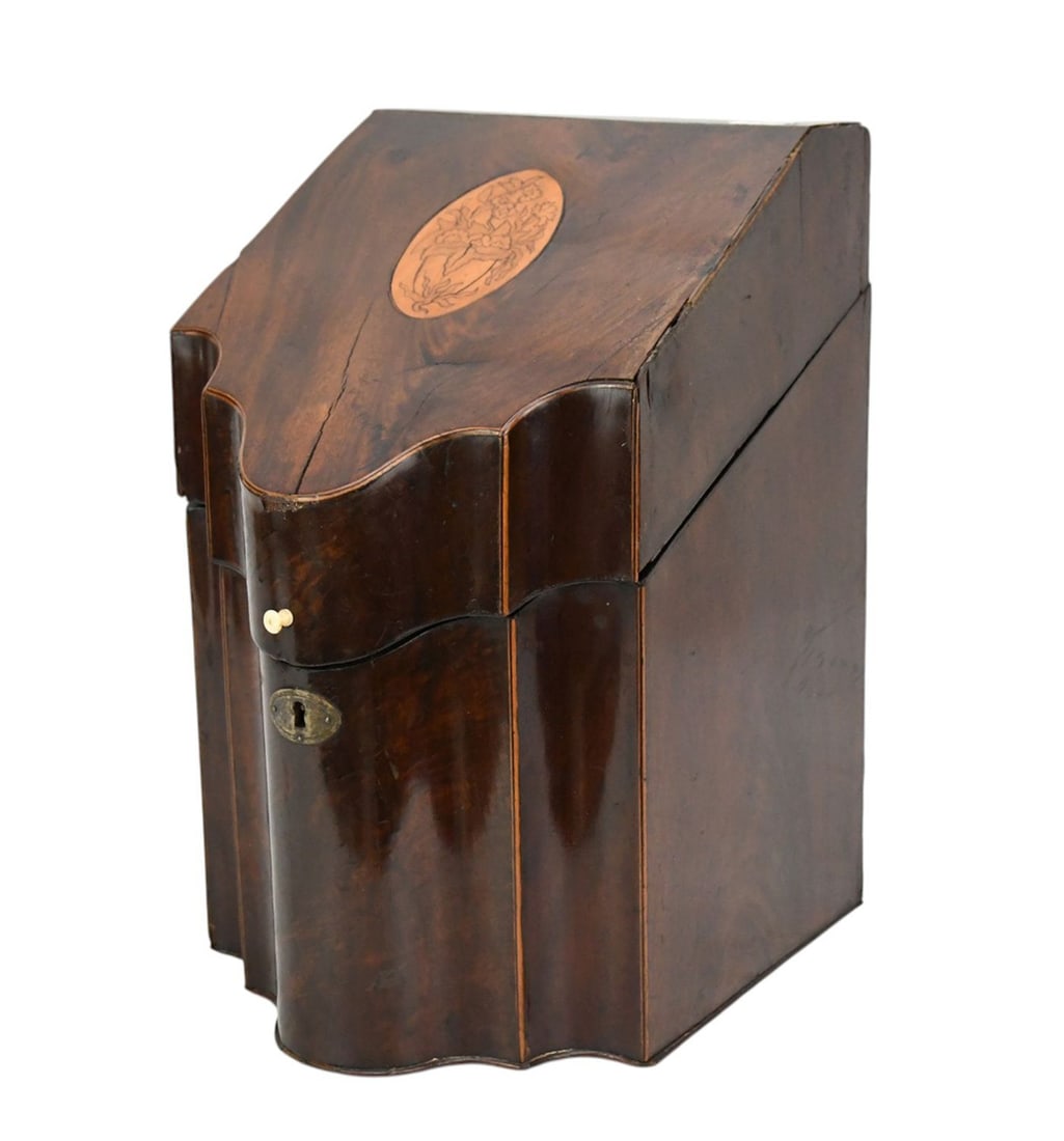 English Mahogany Knife Box, 19th c. Oval Inlay Panel on Front with Fitted Interior, 14"h x 9"w x: English Mahogany Knife Box, 19th c. Oval Inlay Panel on Front with Fitted Interior, 14"h x 9"w x 12"d (age crack on front)