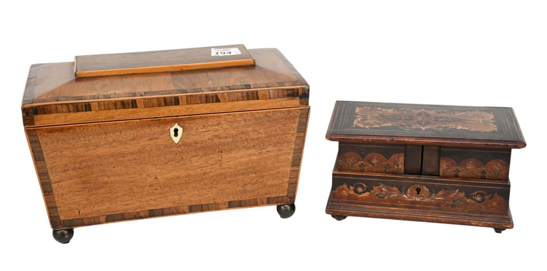 2 Wood Boxes, 19th c. Velvet Lined Jewel Box with Inlay Around (4 1/2"h x 8"w x 4 1/2"d) AND Tea (1 of 12)