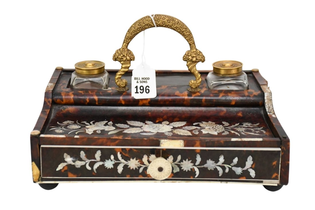 Antique 19th c. English Regency Style Tortoise & Mother of Pearl Desk Set, 2 Inkwells & Bronze (1 of 9)