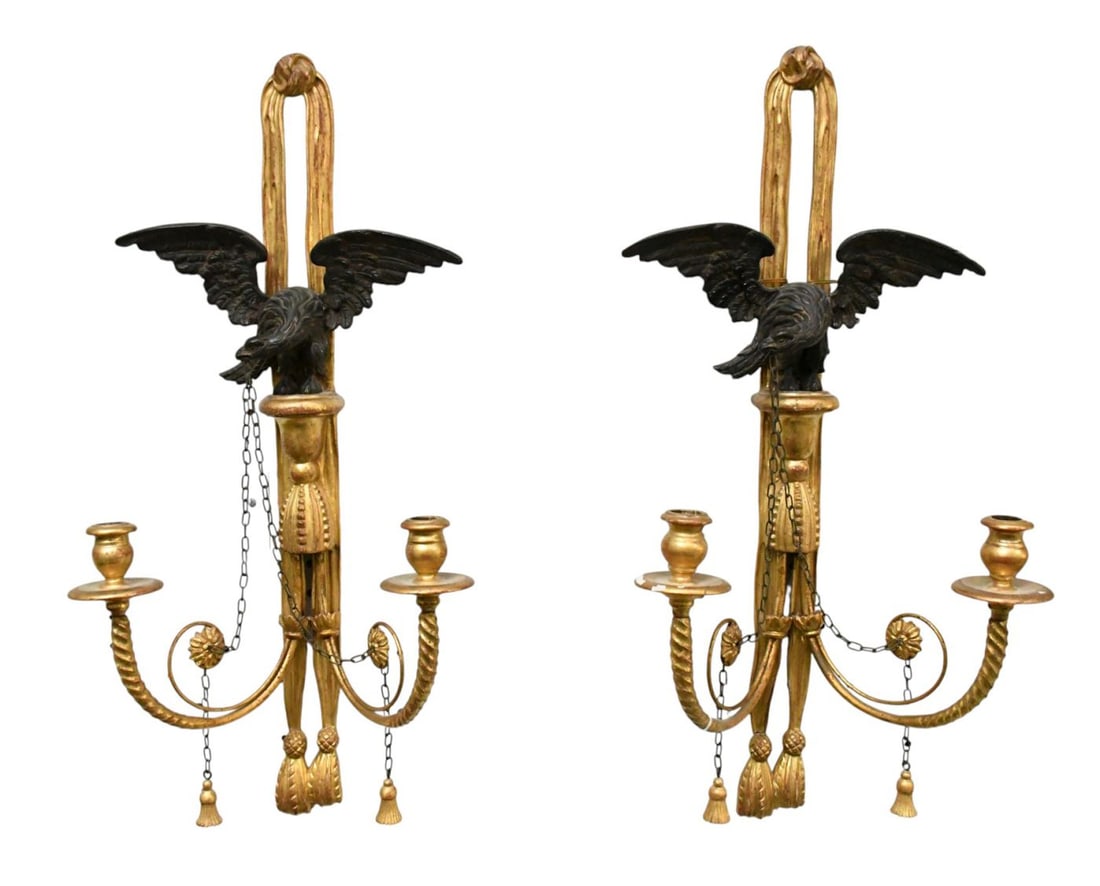 Pair French Empire Style Gilded Double Branch Wall Sconces, Carved Eagle Holding Chain, 25"h x 11"w (1 of 5)