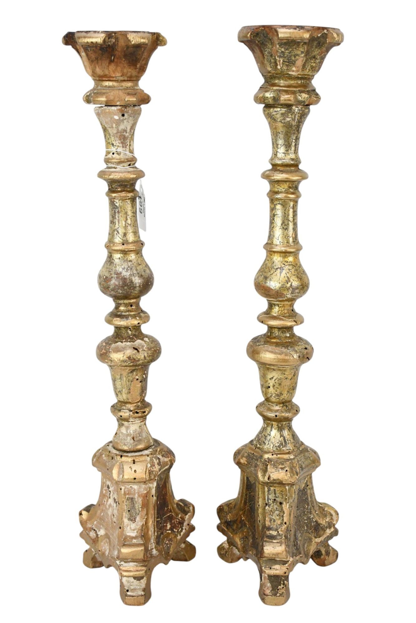 Pair Antique Baroque Giltwood Altar Candlesticks, 21"h x 5"w (1 of 7)