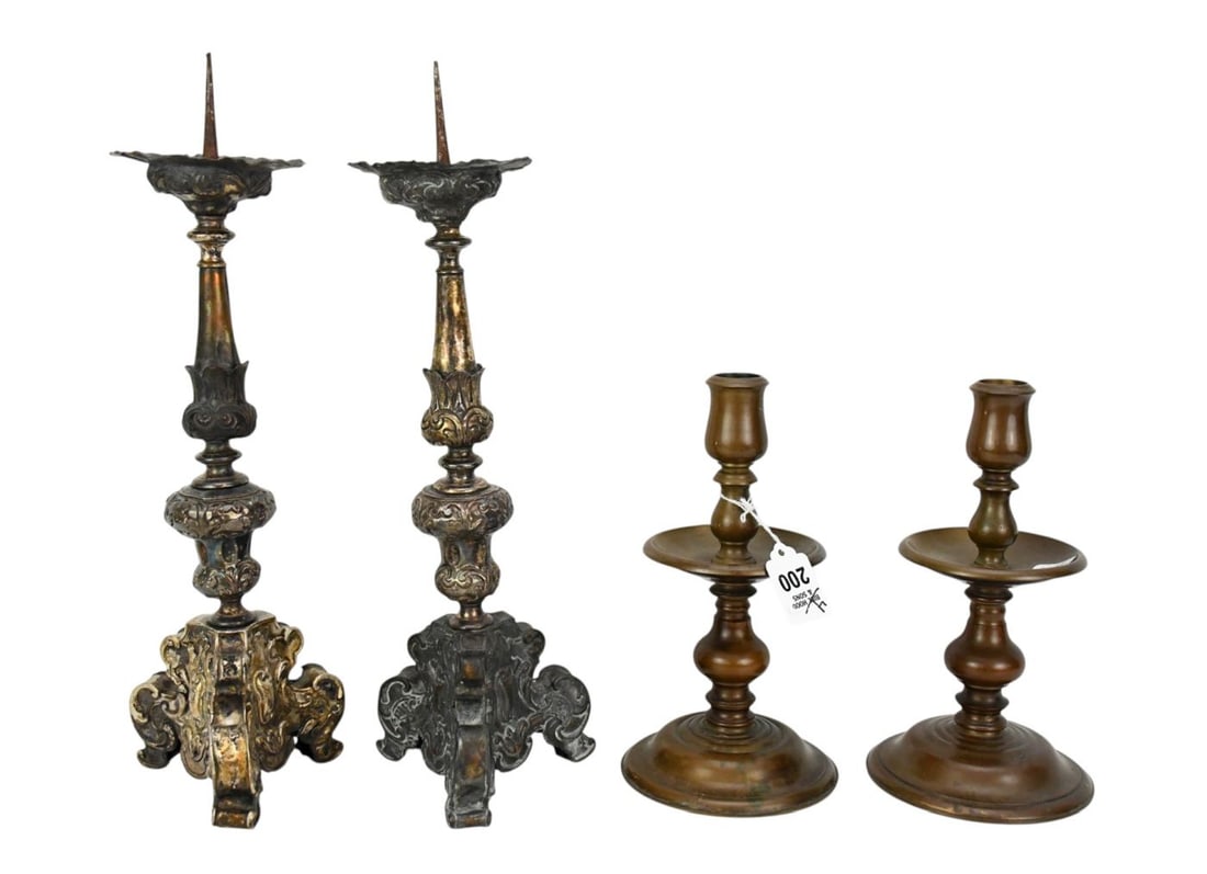 4 Candlesticks, Pair 18th c. Baroque Silvered Pricket Sticks (15"h x 5"w) AND Pair Heavy Brass (1 of 7)