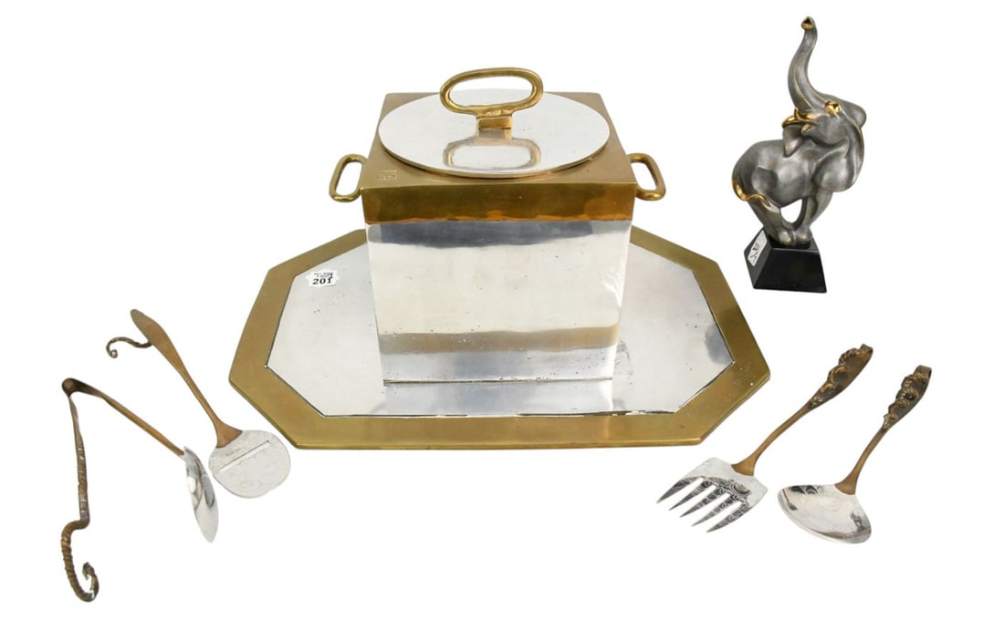 6 Barware Pcs, Ice Bucket (6 34"h x 7 1/2"w) Made in Spain, David Marshall Tray (as is), 4 Flatware (1 of 6)