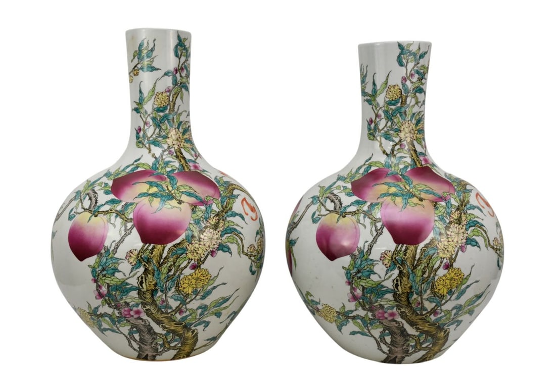 Pair Chinese Oversized Porcelain Vase, "Vine Peach" Design, 22"h x 13"w (1 of 9)