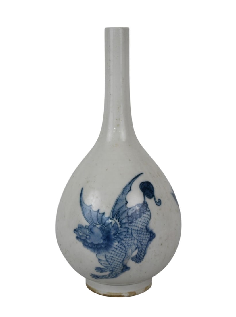 Chinese Blue & White Porcelain Bottle Neck Vase with Mythological Beasts, 12"h x 6"w (1 of 7)