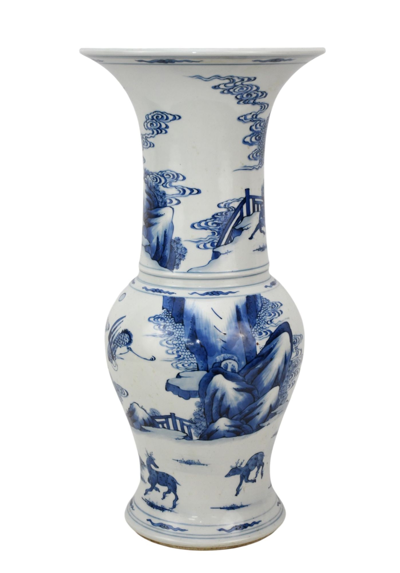 Chinese Blue & White Porcelain Vase Featuring Mountains, Deer, Trees & Birds, 18 1/2"h x10"w (1 of 6)