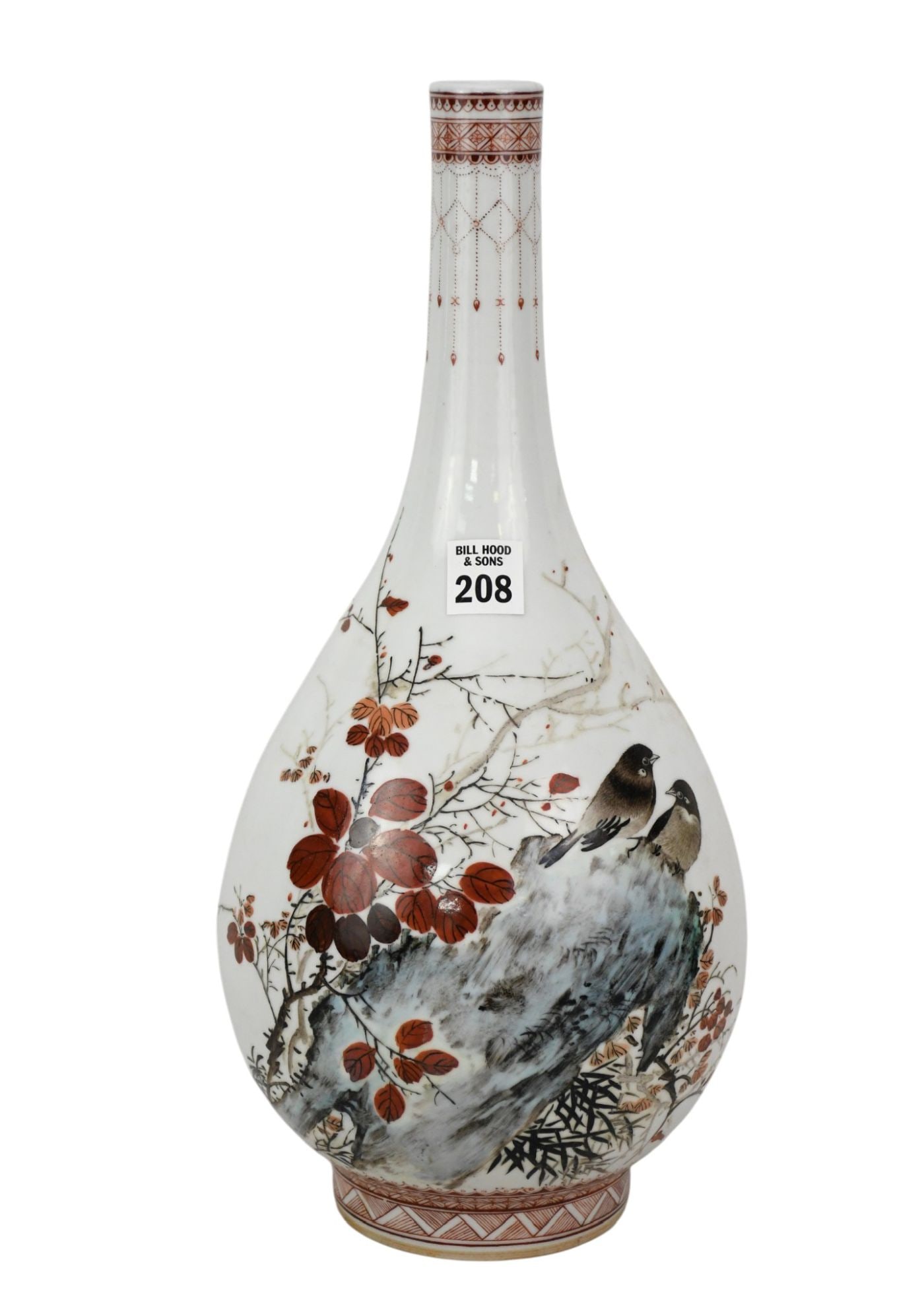 Chinese Porcelain Bottle Neck Vase with Birds & Branches, 16"h x 8"w: Chinese Porcelain Bottle Neck Vase with Birds & Branches, 16"h x 8"w