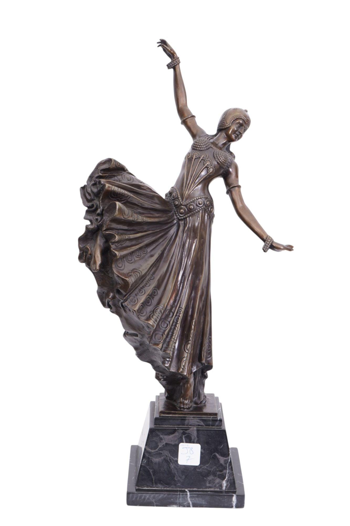 Bronze deco female dancer after H. Chiparus, 17 x 10? on 4 1/2 inch marble base: Bronze deco female dancer after H. Chiparus, 17 x 10? on 4 1/2 inch marble base