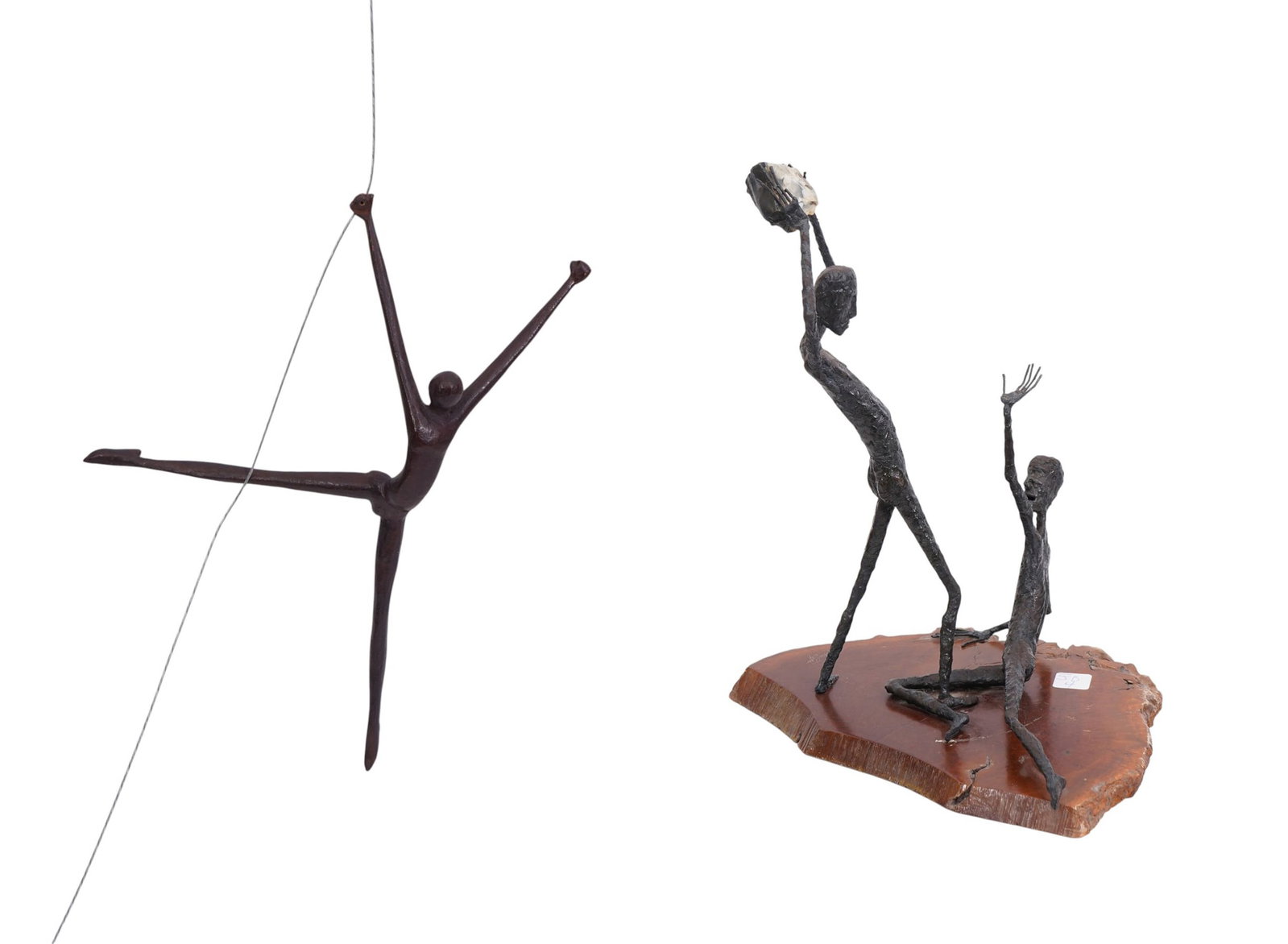 Tom Hoffmaster. Brutalist Abstract Sculpture- 1969. two skinny figures one about to hit the other: Tom Hoffmaster. Brutalist Abstract Sculpture- 1969. two skinny figures one about to hit the other guy over the head with a large rock, mounted on a natural tree base 13? x 8? x 15 inches tall. sold wi