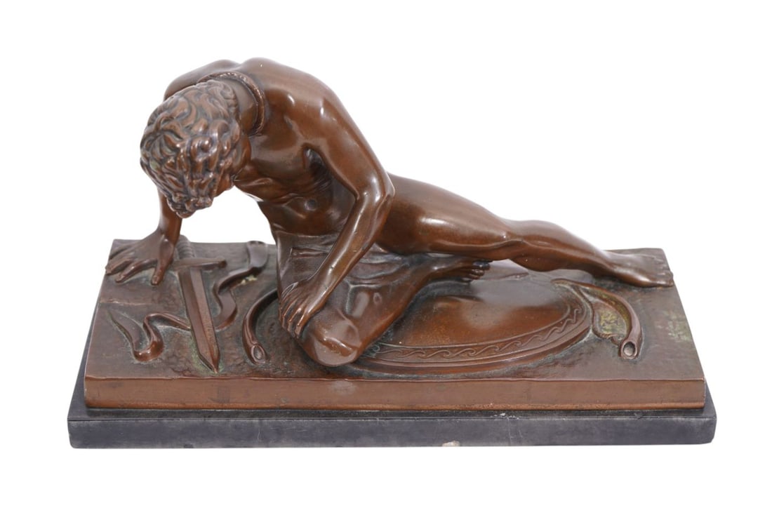 Antique Bronze sculpture, The Dying Gaul, brown patina no visible signature, 10 inches wide by 6: Antique Bronze sculpture, The Dying Gaul, brown patina no visible signature, 10 inches wide by 6 inches tall, on thin marble base JB five