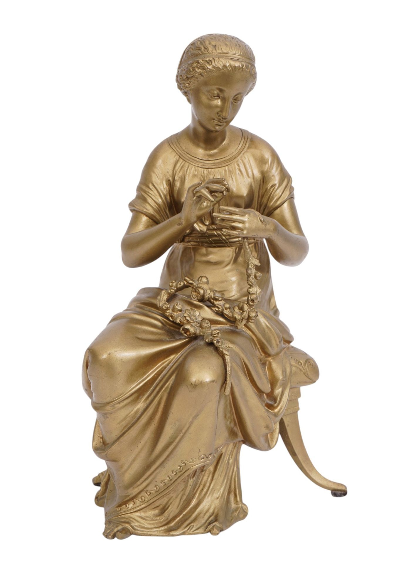 Antique French Gilt bronze Sculpture, lady knitting flowers, after Leon Pilet, 10 inches tall by 6: Antique French Gilt bronze Sculpture, lady knitting flowers, after Leon Pilet, 10 inches tall by 6 inches wide.