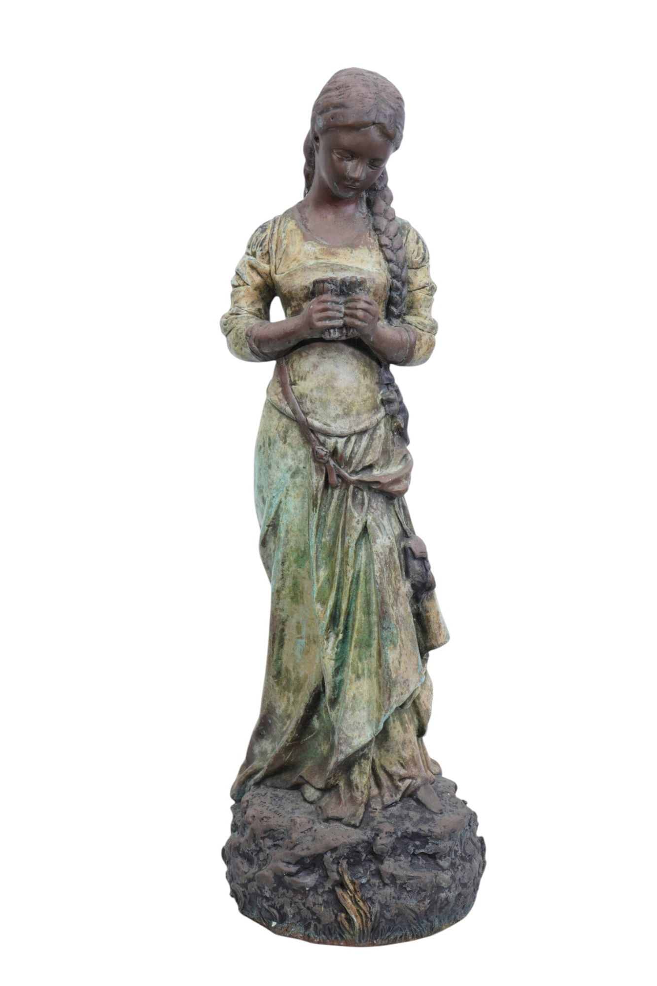 After Moreau Bronze Sculpture, young girl holding flowers, 24 inches Tall x 7 inches wide (Weathered (1 of 7)