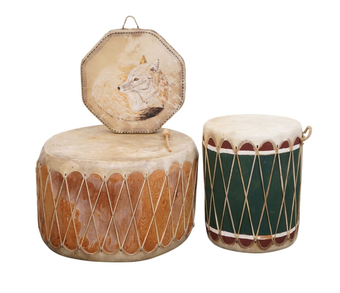 3 Native American Drums, green (22"h x 16" dia), cream (18"h x 27" dia) and brown (3 1/2"h x 20" (1 of 6)