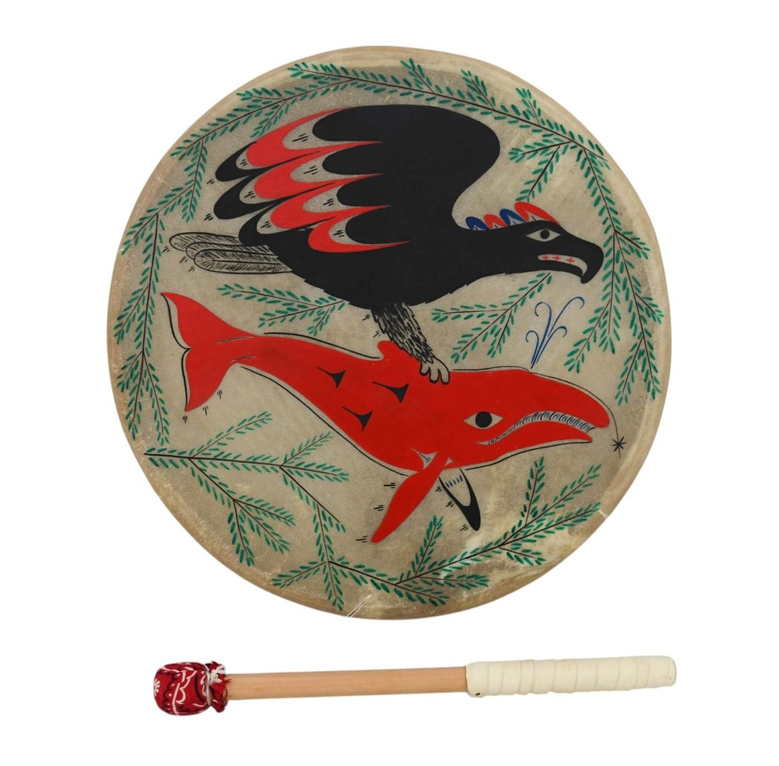 Native American Style Hand Drum with Drumstick, Thunderbird & Whale, Illegible Signature, 3"h x: Native American Style Hand Drum with Drumstick, Thunderbird & Whale, Illegible Signature, 3"h x 14"dia (some splits on side)