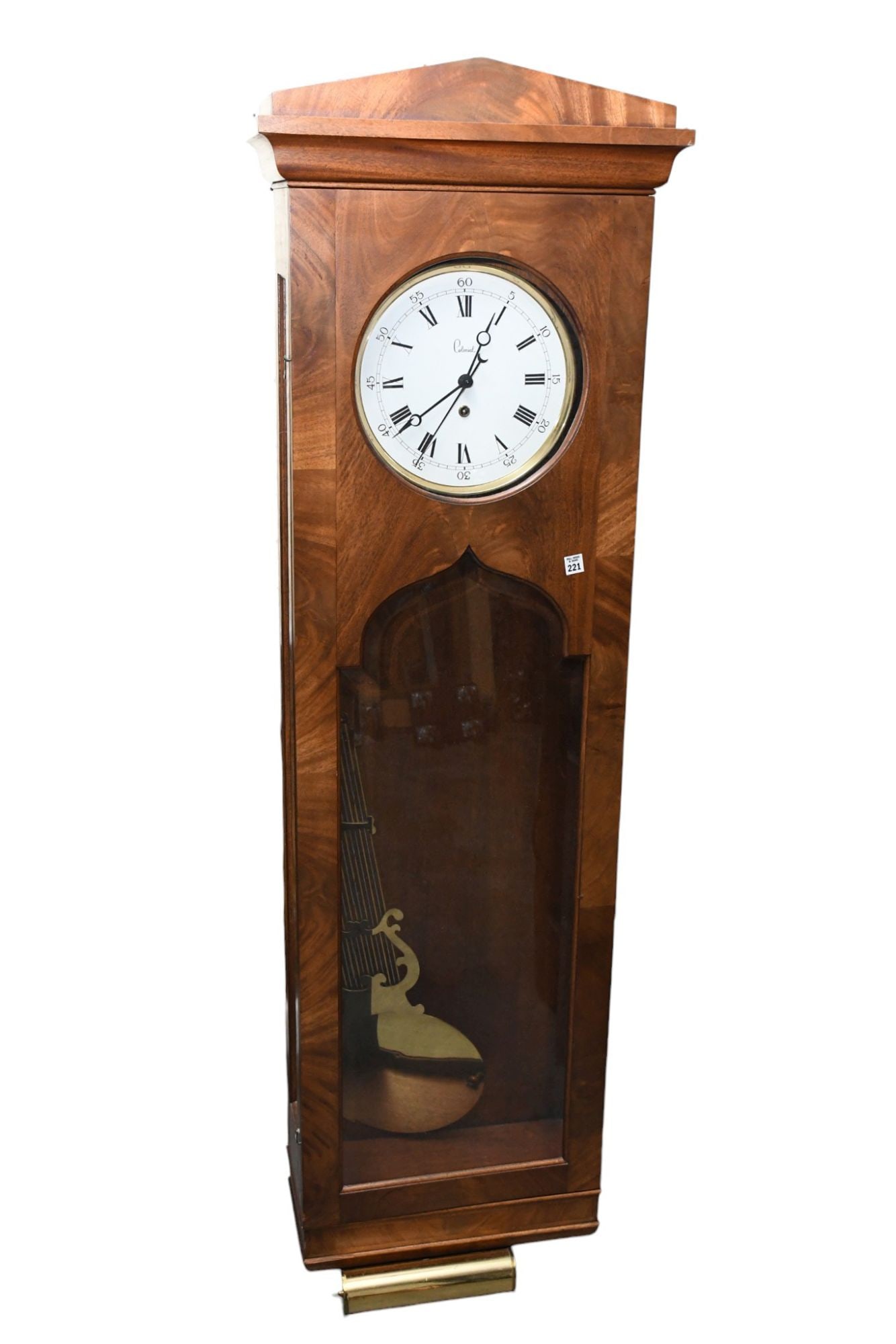 Mahogany Hanging Clock with Porcelain Face, Marked Colonial, Brass Pendulum & Weights, 72"h x 21 (1 of 6)