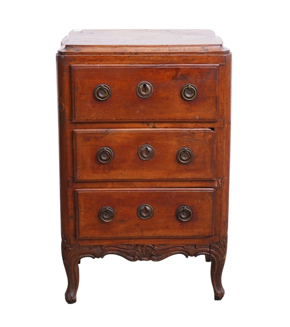 French Circa 1840's 3 Drawer Chest With Brass Ring Hardware, 32"h x 20"w x 13 1/2"d ***If this item: French Circa 1840's 3 Drawer Chest With Brass Ring Hardware, 32"h x 20"w x 13 1/2"d***If this item is not picked up by the Friday following the auction, it will be moved to offsite storage and pickup 