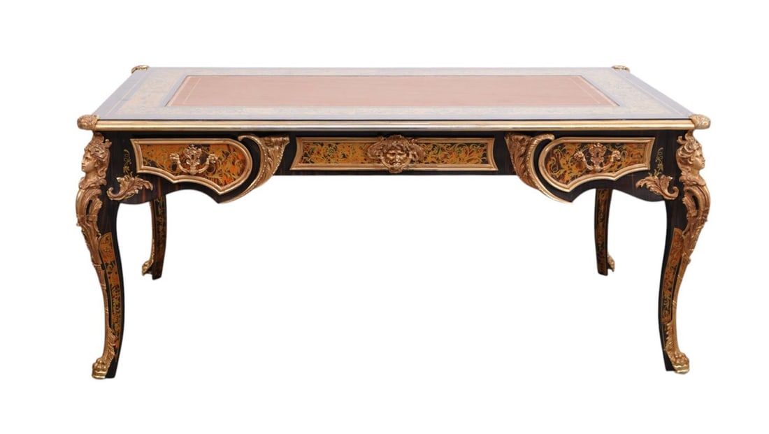 French Louis XVth style Bureau Plat, Marquetry Design with Heavy Gilt Bronze Mounts & Tan Leather (1 of 19)
