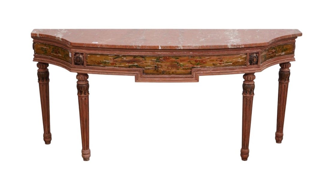 Bowed Console With Tapered Reeded Legs, Distressed Chippy Salmon Color Paint with Marble Top, Shaw (1 of 7)