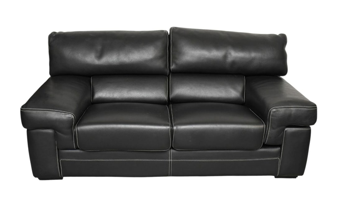 Italian Thick Black Leather Loveseat with white Stitching. Like New, no visible Maker or (1 of 8)