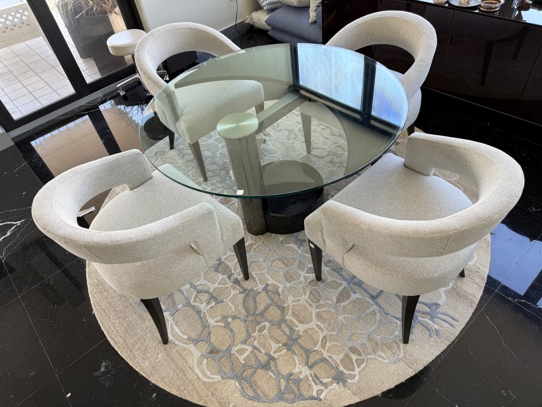 Modern 20th Century Dining Table and Four Chairs, Circular glass top to table with steel and marble (1 of 10)