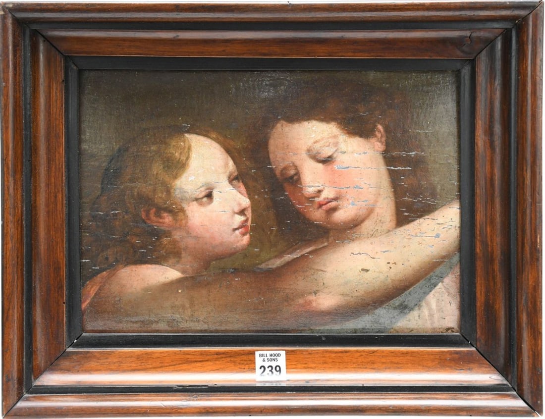 17th Century Italian Baroque Raphael Style. oil on panel, 2 Young Female Figures. Panel size 9-1/2 x: 17th Century Italian Baroque Raphael Style. oil on panel, 2 Young Female Figures. Panel size 9-1/2 x 13-1/2 inches. Small label on back reads " Ingoto sec. XVII Figure femminili - olio". Lots of worm 