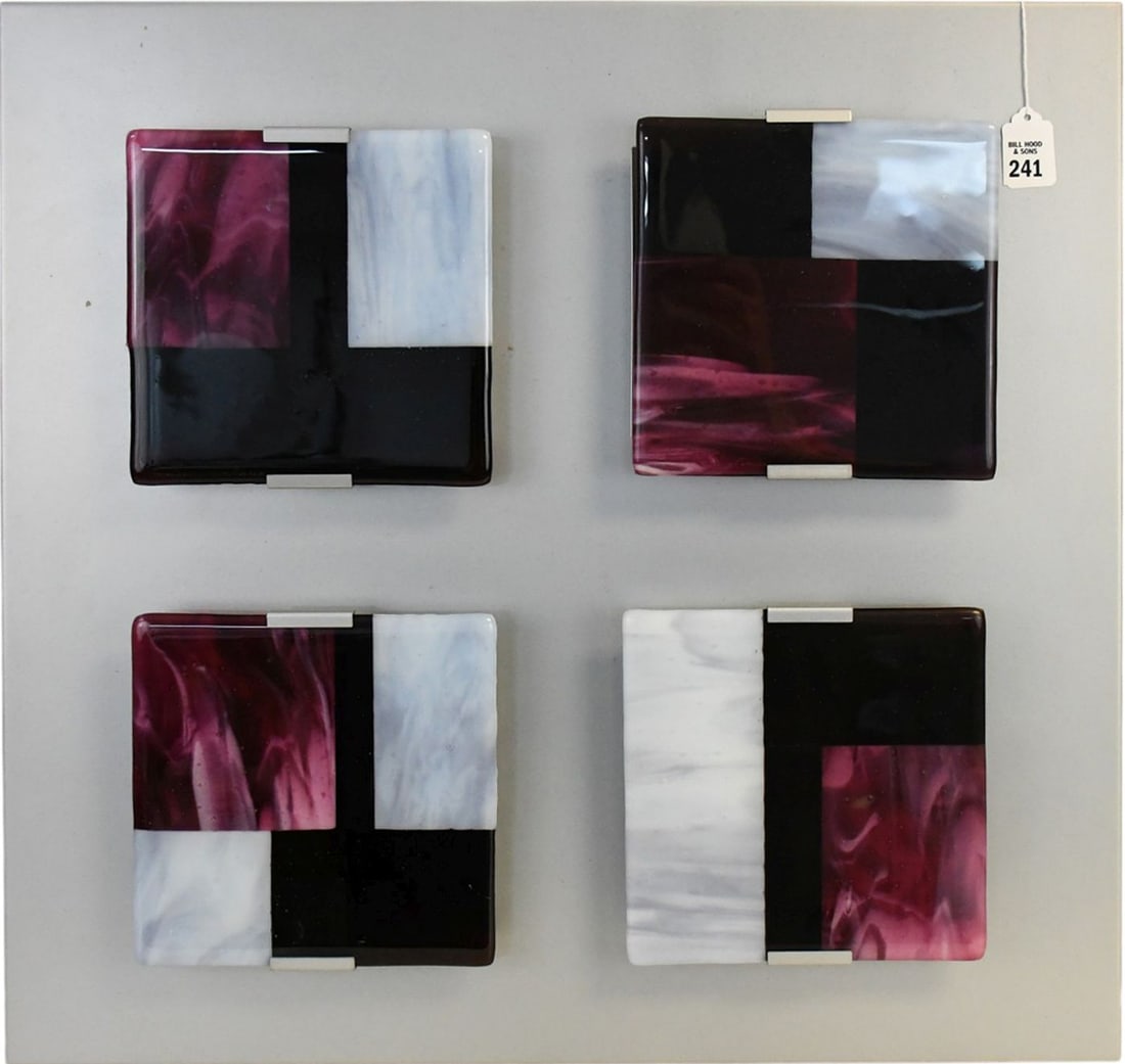 Clarisse Dutraive Studios. Art Glass Lamp/Wall Art Sculpture. Four glass panels in red white black: Clarisse Dutraive Studios. Art Glass Lamp/Wall Art Sculpture. Four glass panels in red white black mounted in Electrified metal light casing. Each 7-1/2 x 7-1/2 inch art glass panel is signed by Clari