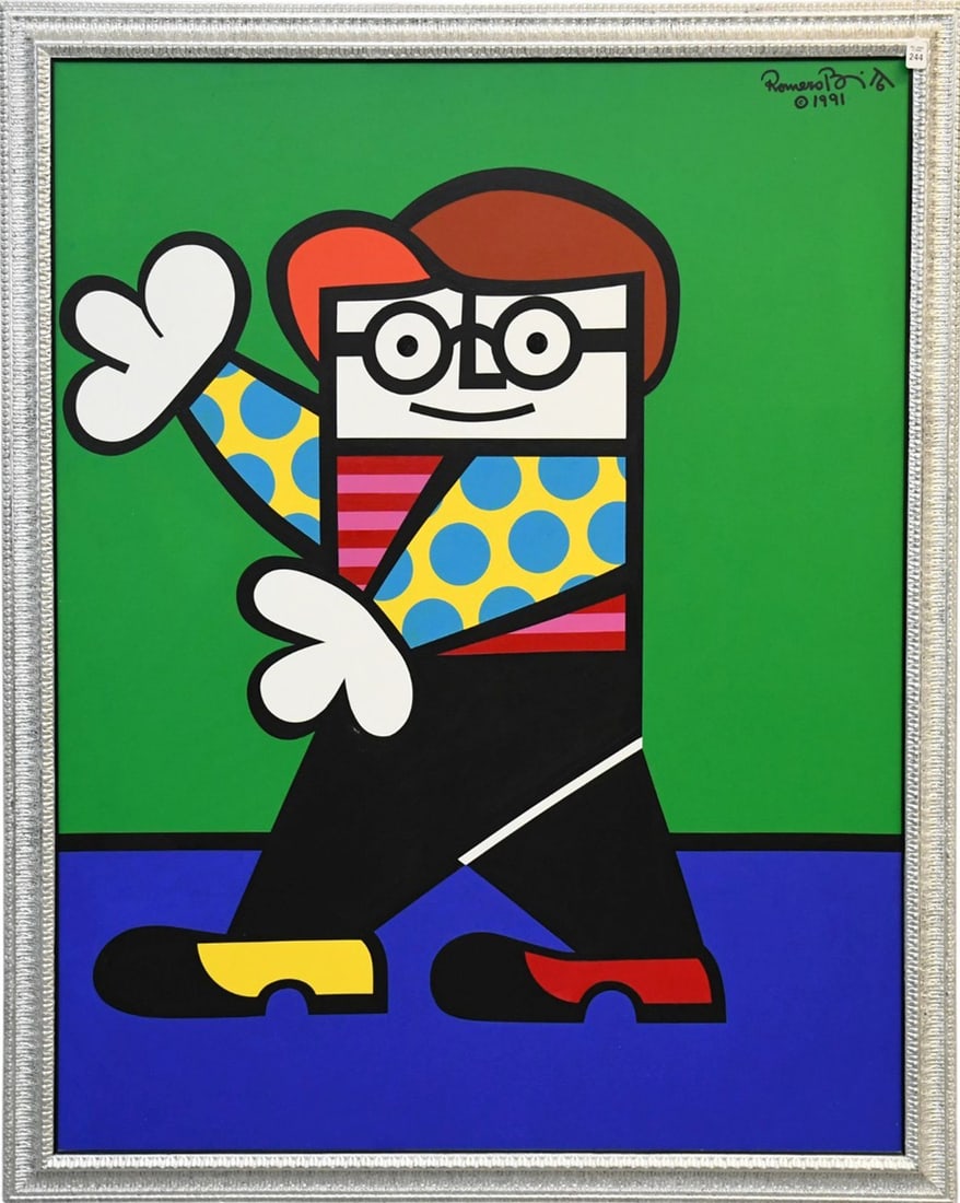 Romero Britto (Brazil, b.1963) Acrylic on canvas, Joshua-91. signed upper right and dated also: Romero Britto (Brazil, b.1963) Acrylic on canvas, Joshua-91. signed upper right and dated also signed and dated verso. Painting 60 x 48 inches. In silver leafed frame overall size 66 x 54 inches.