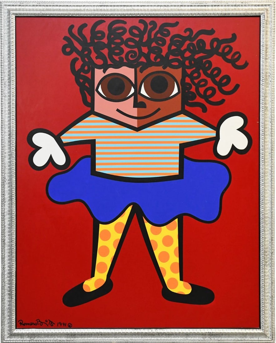 Romero Britto (Brazil, b.1963) Acrylic on canvas, Carmen -91. signed lower left also signed on: Romero Britto (Brazil, b.1963) Acrylic on canvas, Carmen -91. signed lower left also signed on reverse. Painting 60 x 48 inches. In silver leafed frame overall size 66 x 54 inches.