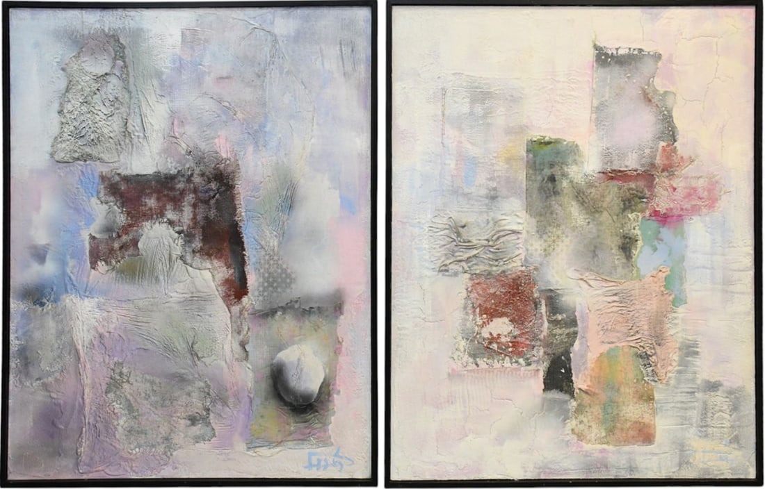 (Pair) Laszlo Dus (HUNGARIAN, 1941) 2 Large Mixed Media Abstract Paintings: Oil, acrylic, fabric,: (Pair) Laszlo Dus (HUNGARIAN, 1941) 2 Large Mixed Media Abstract Paintings: Oil, acrylic, fabric, sand, acrylic spray- made in 1989. Paintings titled- Twilight & Walking Figure, approx. 60 x 48 inches