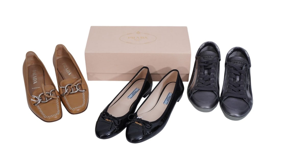 Variety of 3 pairs of Prada shoes. First pair is a vintage Prada Tan leather horse bit loafer size (1 of 12)