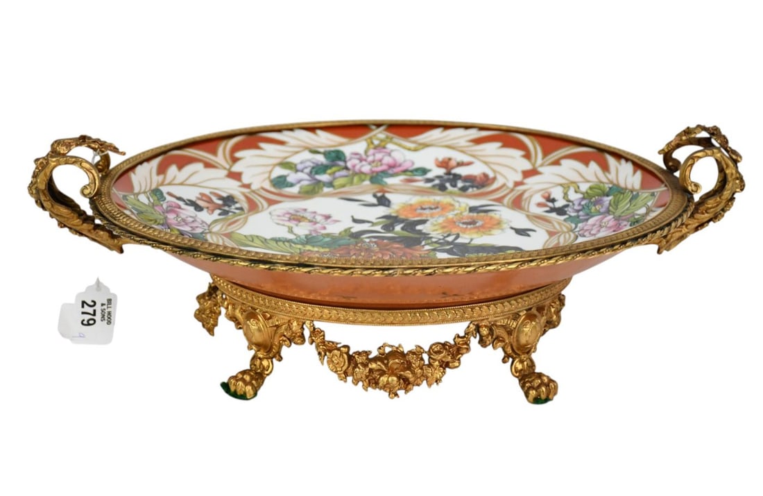 Dore' Bronze Framed & Footed Centerpiece Round Bowl, Limoges France, Floral Motif All Over Design, (1 of 7)
