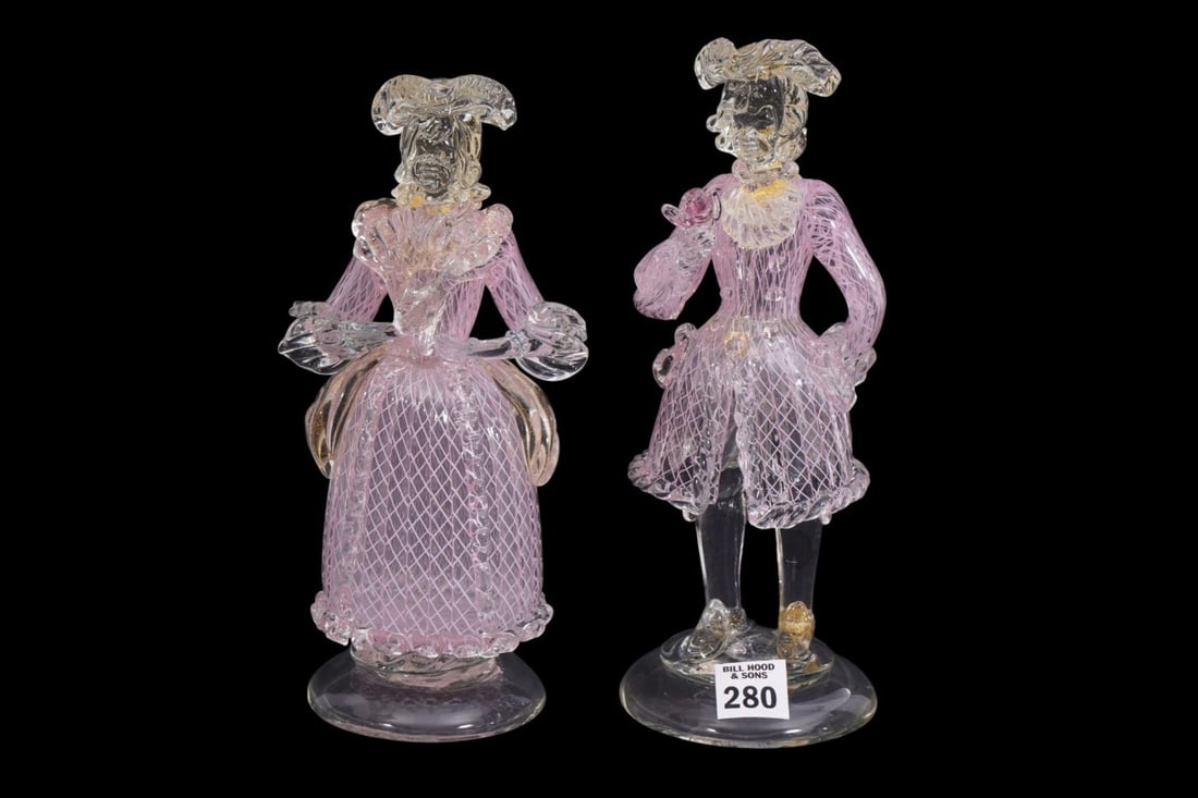 Pair Murano Glass Figurines, Pink with Gold Accents, Signed Murano, 10"H x 4"W: Pair Murano Glass Figurines, Pink with Gold Accents, Signed Murano, 10"H x 4"W