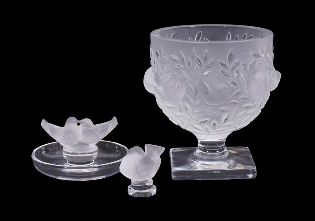 3 Pcs. Lalique Crystal, Ring Holder with Doves, Bird Figure AND Elisabeth Footed Crystal Vase (5 (1 of 9)