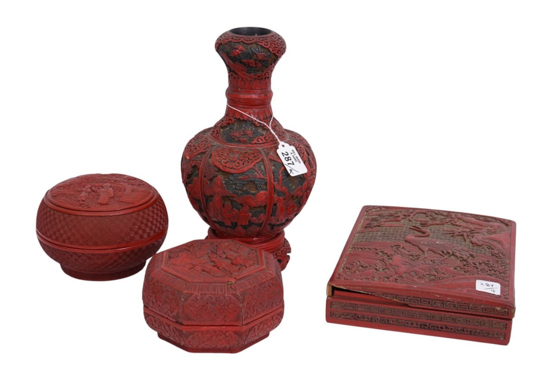 Cinnabar Lot, 19th c. 3 Boxes (Largest 9 1/2" x 7 1/2") & Vase (12"h x 7"w) (some losses) (1 of 14)