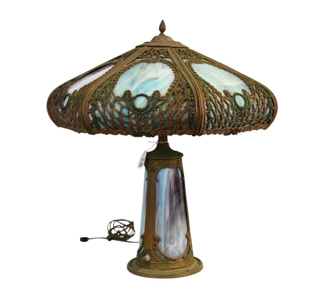Vintage Lamp Shade with Gilt Metal Frame Around Slag Glass Panels, Base with 4 Glass Slag Panels, (1 of 5)