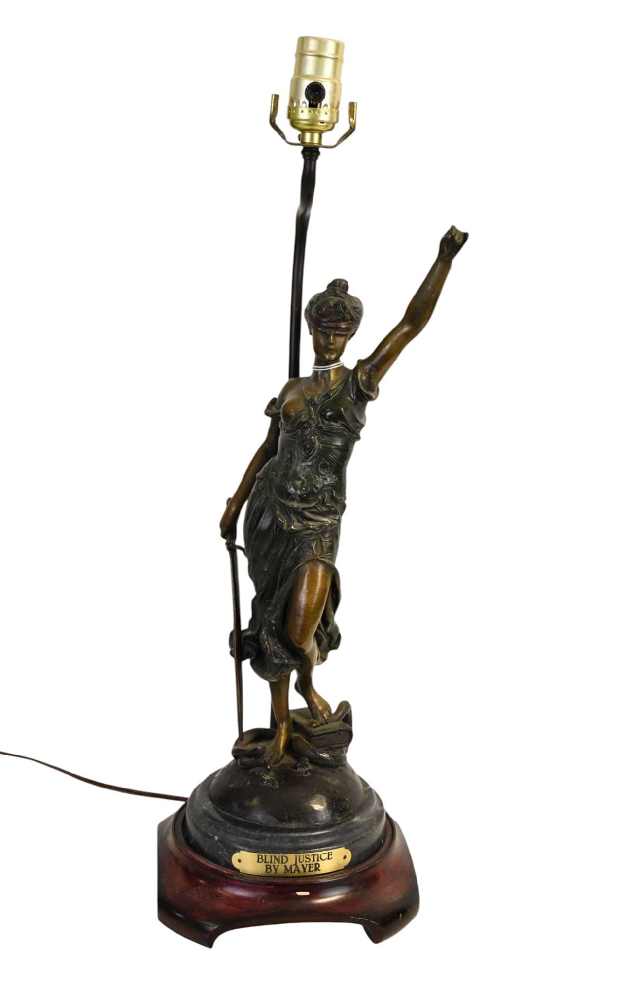 Bronze Figural Lamp, "Blind Justice" "Mayer", 22"h to harp x 7"w: Bronze Figural Lamp, "Blind Justice" "Mayer", 22"h to harp x 7"w