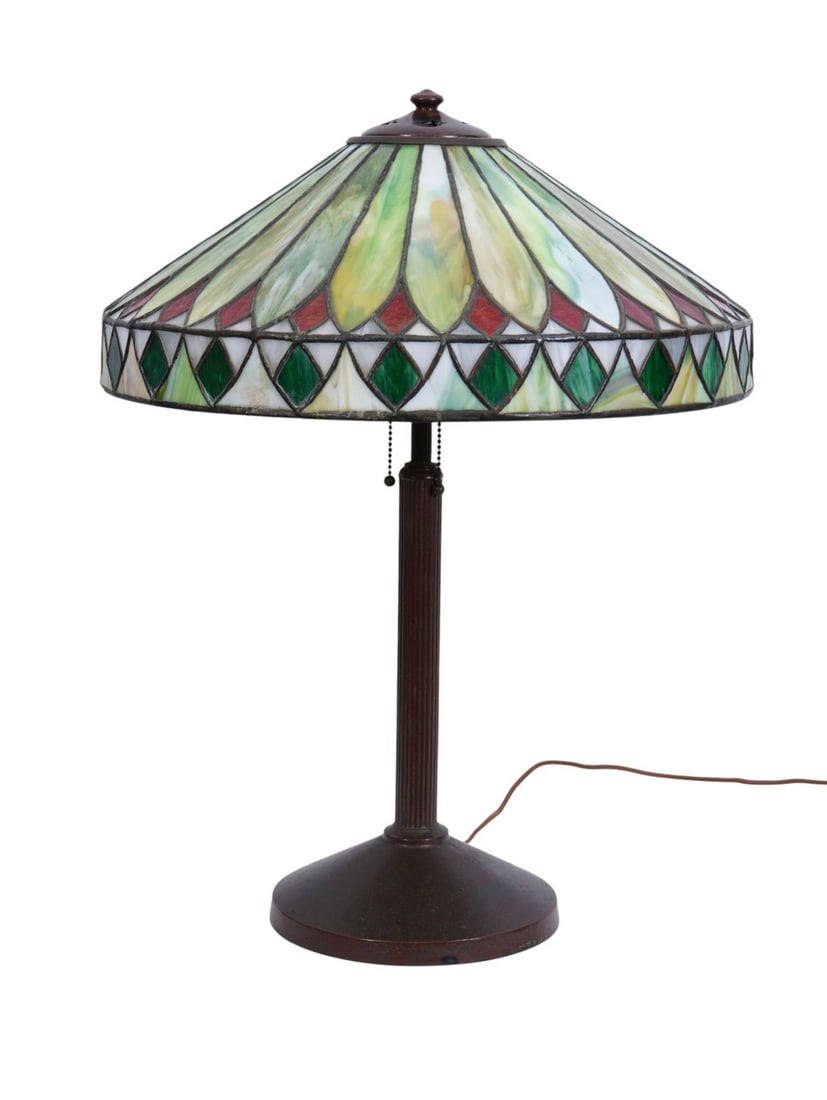 Handel Bronze Column Lamp with Art Glass Shade, Both Signed Handel, 23"h x 18 1/2"dia shade (1 of 14)