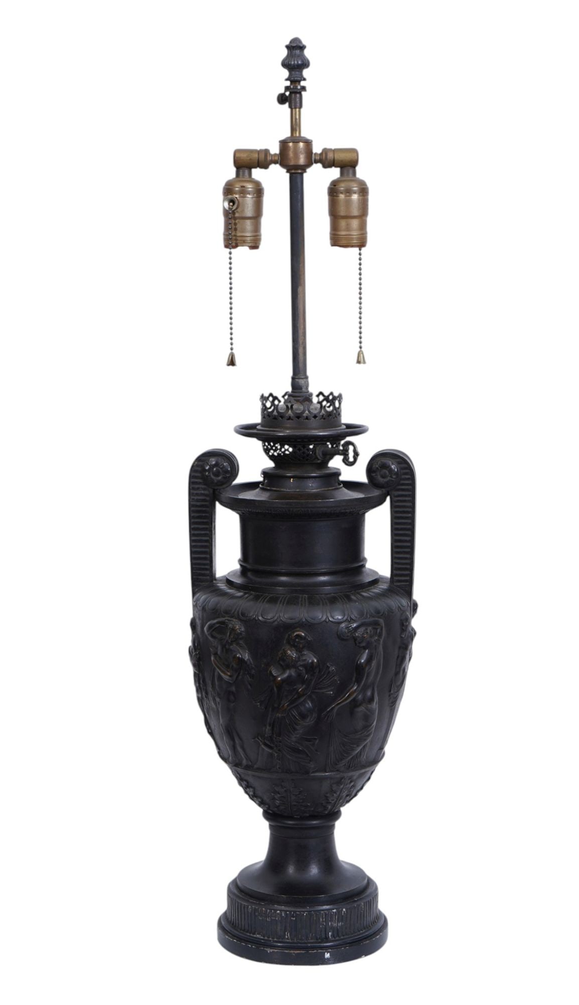 Bronze Relief Classical Motif Lamp with Urn Handles, Overall 30"h x 8"w (1 of 7)