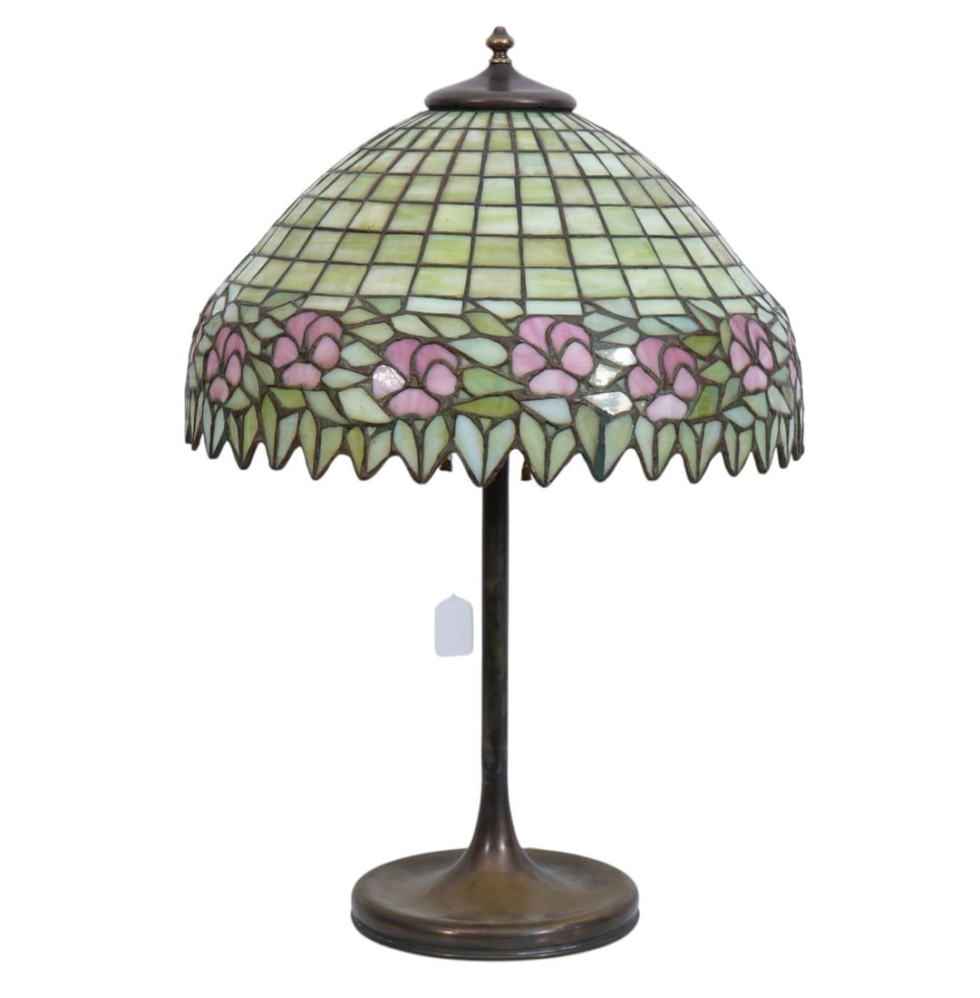 Bronze Lamp Base with Leaded Glass Shade in Green With Pink Flowers, 33"h (16"w shade) (1 of 11)