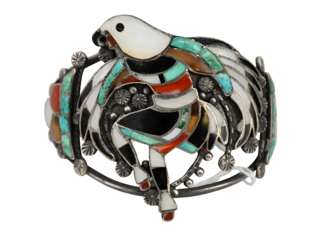 Vintage Zuni Eagle Dancer Sterling Silver Inlay Cuff Bracelet. Widest 2.25" inner circumference 5.5" (1 of 5)