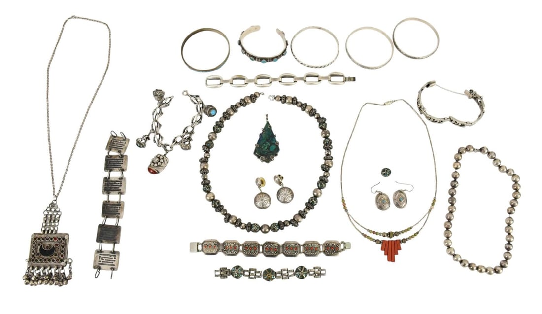 Sterling Silver Jewelry Lot. Bracelets, Necklaces, earrings some signed Danecraft & Taxco. Wt. 383 (1 of 9)