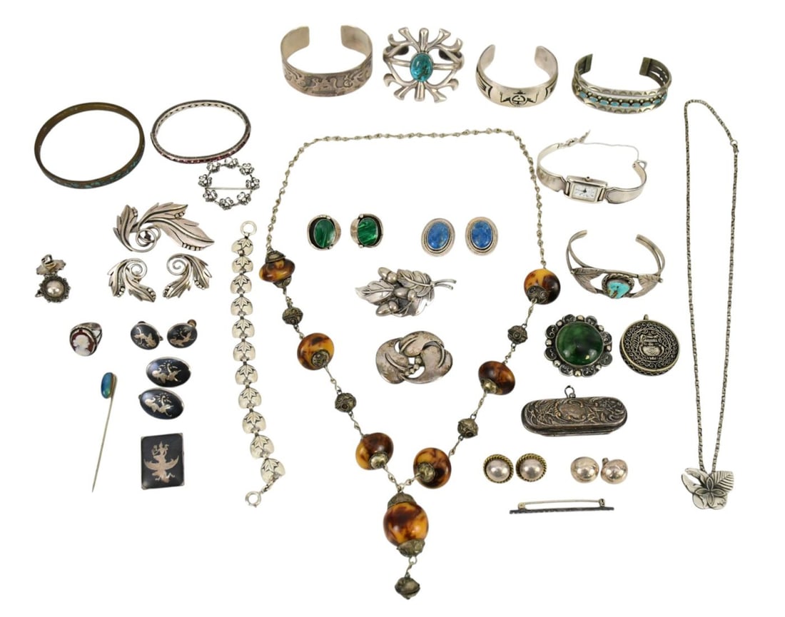 Sterling Silver Jewelry Lot. Bracelets, Necklaces, Earrings, Watch, Pins. Wt. 393.9 grams Watch (1 of 11)
