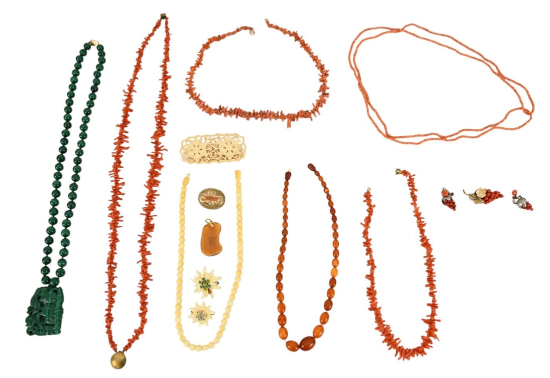 Costume Jewelry lot. Amber, Coral, Malachite, Bone. Mostly Necklaces, earrings and brooches (1 of 6)