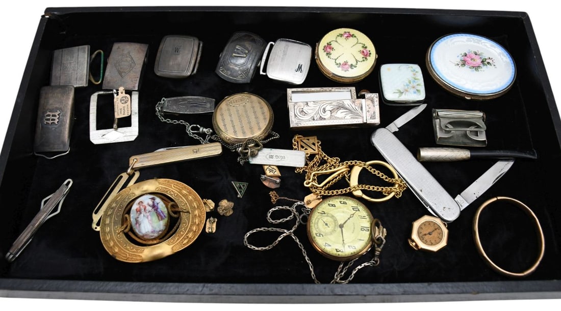 Sterling, Gold Filled & Costume Lot. Belt Buckles, Compact, Pill Boxes, Gold Filled Pocket Watch (1 of 6)