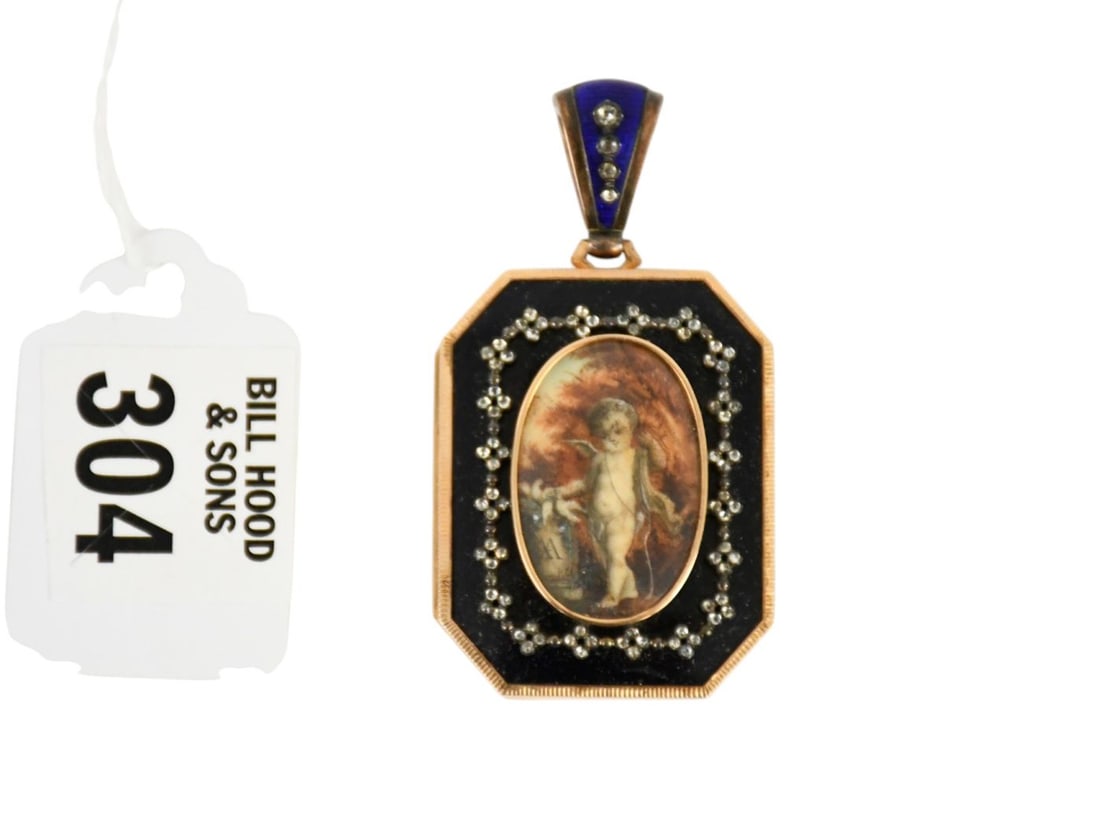 14K Yellow Gold Mourning Locket. Victorian painted porcelain Cherub with black enamel. WT. 25.5 (1 of 4)