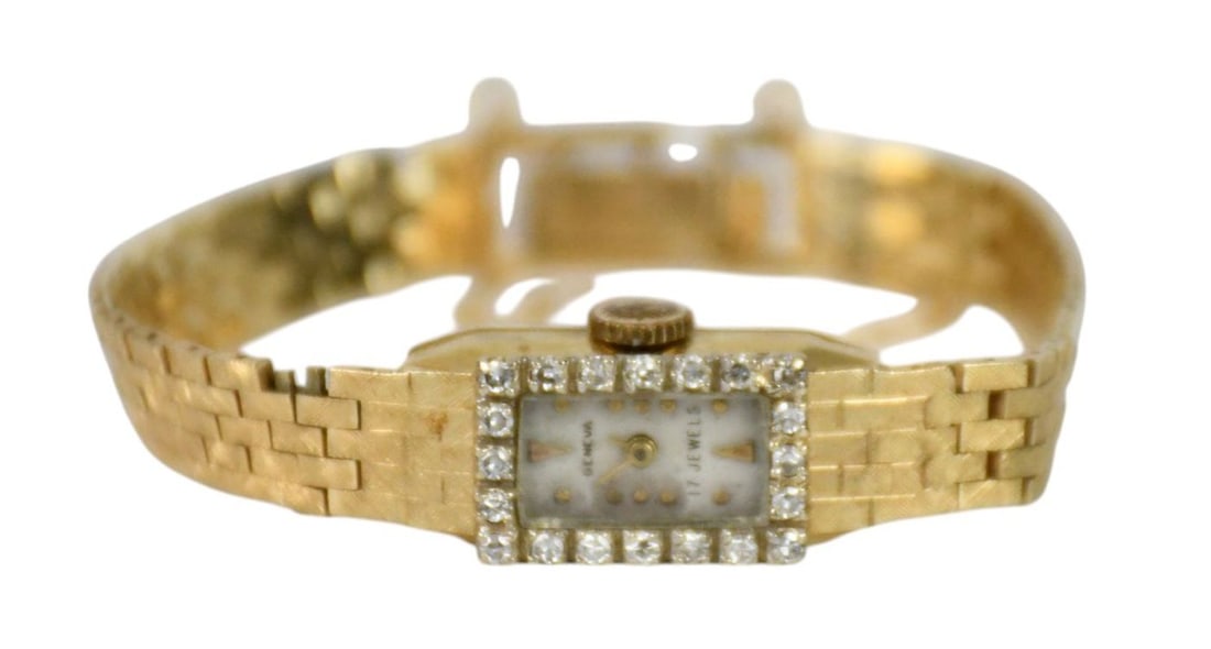 14K Yellow Gold Geneva Ladies Watch Diamond Bezel. Wt. 16 grams 7" needs service *Payment Must Fully: 14K Yellow Gold Geneva Ladies Watch Diamond Bezel. Wt. 16 grams 7" needs service*Payment Must Fully Clear Before Item Will Be Released*
