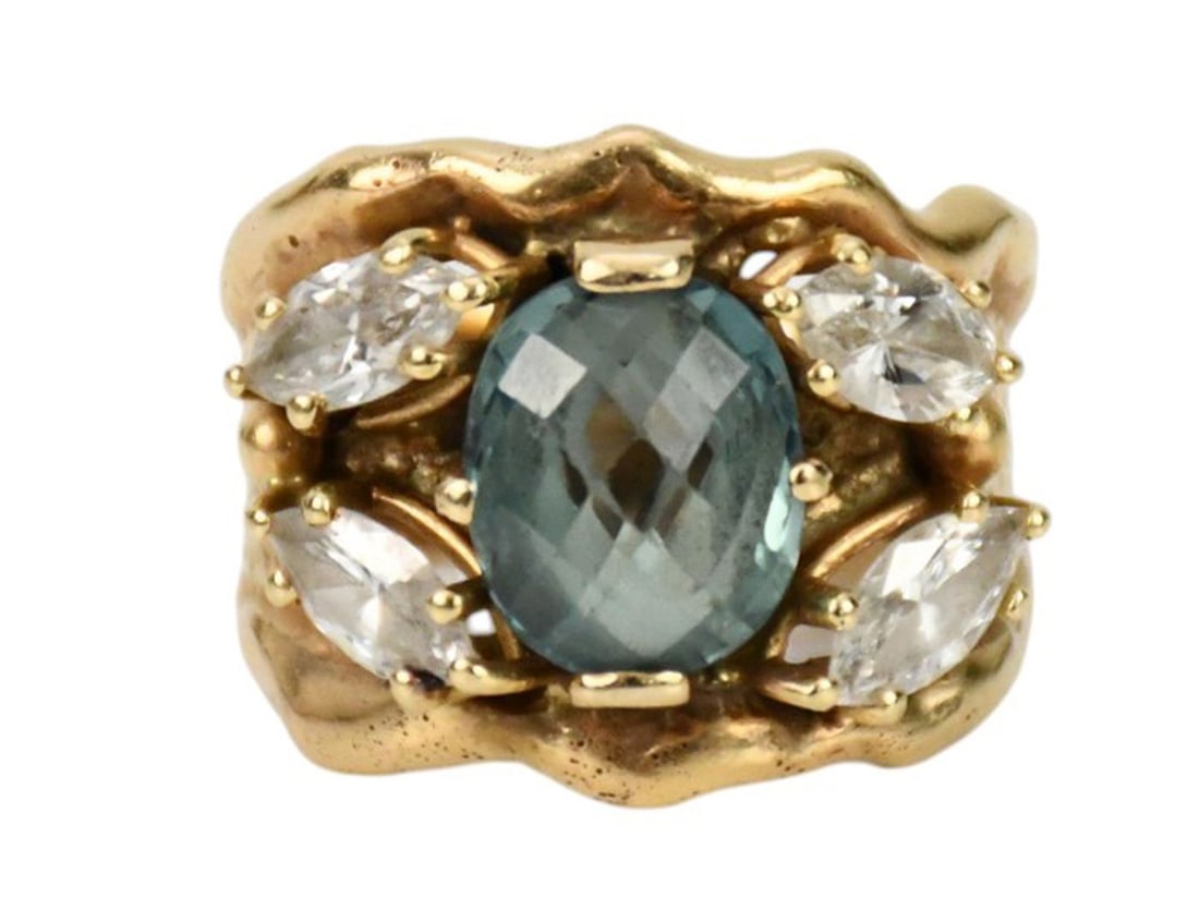 14K Yellow Gold Handmade Cigar Ring Green Sapphire and Diamonds. 4 marquis cut diamonds approx.: 14K Yellow Gold Handmade Cigar Ring Green Sapphire and Diamonds. 4 marquis cut diamonds approx. 8.5x4.5mm 7.5x4.5mm 9x5.5mm and 10x4.5mm F-J VS2-SI1. Oval Green Sapphire 11x9.25mm Size 8.75 wt. 13.1 g