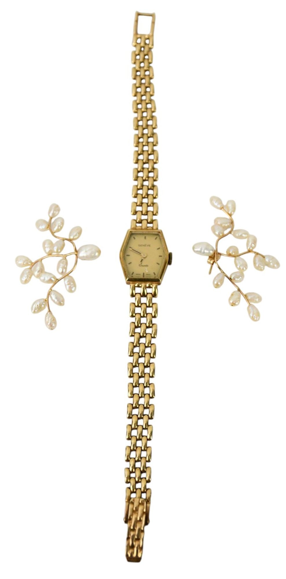 14K Yellow Gold Watch with Seed Pearl Earrings. Wt, 26.9 grams Watch need service 7" Earrings 1" x (1 of 4)